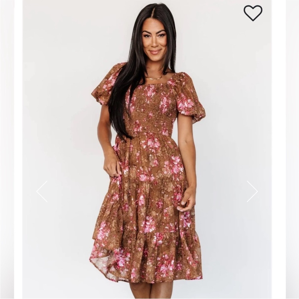 Baltic Born Lizzy Brown With Pink and White Floral Midi Dress. Sz M